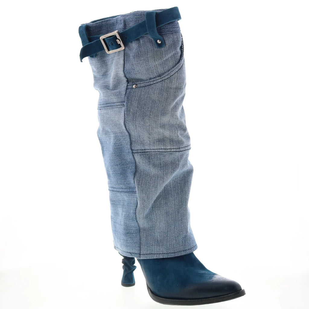 Favro Womens Blue Canvas Zipper Knee High Boots
